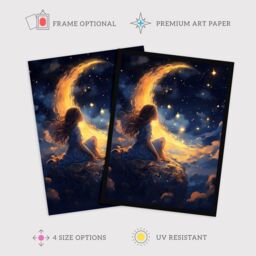 "Wee Blue Coo Wall Art Print Crescent Moon Dreams Whimsy Little Girls Living Room in Dark Blue - Size: W24"" x H32""" - thumbnail 2
