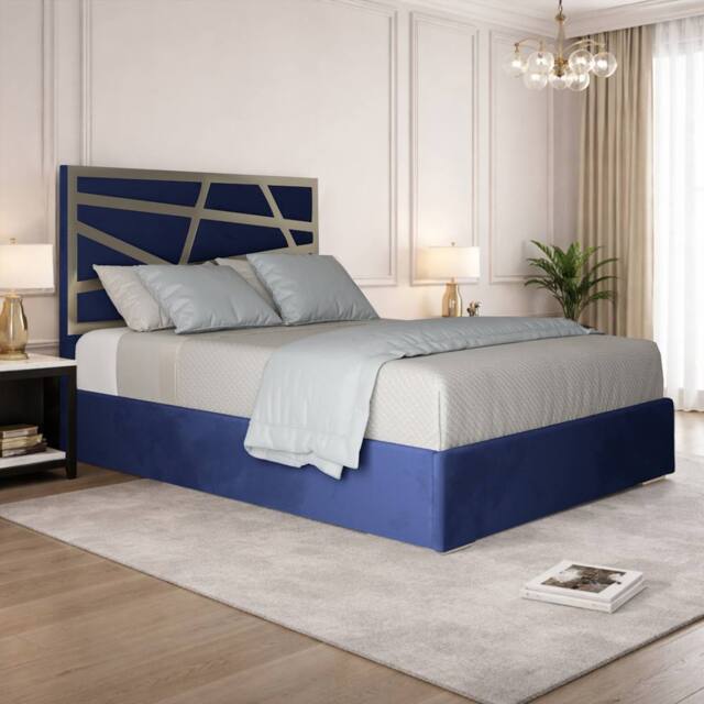 Casani Elveden Upholstered Soft Velvet Blue Metal Designer Bed Frame - Size: Small Double - image 1