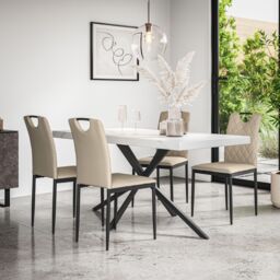 More4Homes Donni Dining Table & Chairs - White Marble Effect Table Top w Black Legs + Monza Faux Leather Dining Chair Set Of 4 in Beige - thumbnail 1