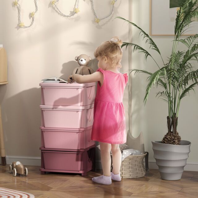 HOMCOM Kids Storage Units with Drawers 4 Tier Chest Dresser Tower in Pink