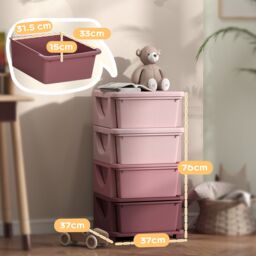 HOMCOM Kids Storage Units with Drawers 4 Tier Chest Dresser Tower in Pink - thumbnail 3