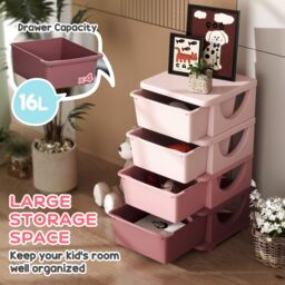 HOMCOM Kids Storage Units with Drawers 4 Tier Chest Dresser Tower in Pink - thumbnail 4