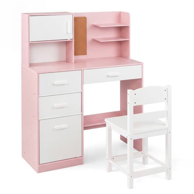 CASART Kids Desk &Chair Set Wooden Study Table w/Hutch Writing Desk Chair Set in Pink - image 1