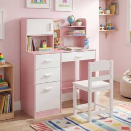 CASART Kids Desk &Chair Set Wooden Study Table w/Hutch Writing Desk Chair Set in Pink - thumbnail 7