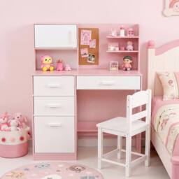 CASART Kids Desk &Chair Set Wooden Study Table w/Hutch Writing Desk Chair Set in Pink - thumbnail 9