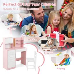 CASART Kids Desk &Chair Set Wooden Study Table w/Hutch Writing Desk Chair Set in Pink - thumbnail 2