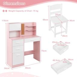 CASART Kids Desk &Chair Set Wooden Study Table w/Hutch Writing Desk Chair Set in Pink - thumbnail 5