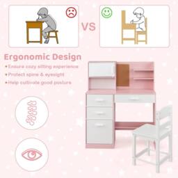 CASART Kids Desk &Chair Set Wooden Study Table w/Hutch Writing Desk Chair Set in Pink - thumbnail 6