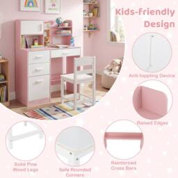 CASART Kids Desk &Chair Set Wooden Study Table w/Hutch Writing Desk Chair Set in Pink - thumbnail 4