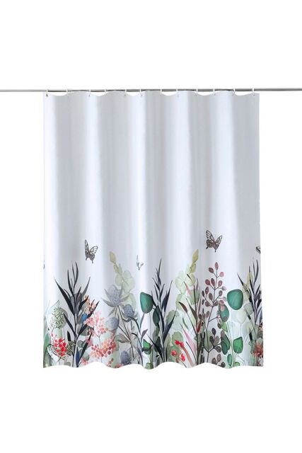 Neel Blue Wildflower Themed Shower Curtain with Hooks, Water Resistant Bathroom Curtains in White - Size: 180 cm width x 200 cm drop - image 1