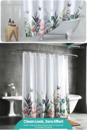 Neel Blue Wildflower Themed Shower Curtain with Hooks, Water Resistant Bathroom Curtains in White - Size: 180 cm width x 200 cm drop - thumbnail 5