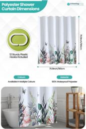 Neel Blue Wildflower Themed Shower Curtain with Hooks, Water Resistant Bathroom Curtains in White - Size: 180 cm width x 200 cm drop - thumbnail 2
