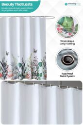 Neel Blue Wildflower Themed Shower Curtain with Hooks, Water Resistant Bathroom Curtains in White - Size: 180 cm width x 200 cm drop - thumbnail 4