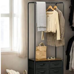 FURNOS Open Wardrobe Clothes Rail With Storage Drawers on Wheels in Brown - thumbnail 4