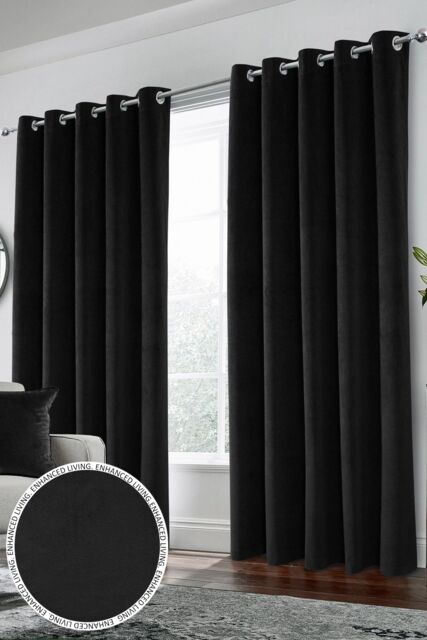 Enhanced Living Velvet, Supersoft, 100% Blackout, Thermal Pair of Curtains with Eyelet Top - Black - Size: 117 cm width x 137 cm drop - image 1