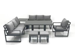 Fimous Outdoor Garden Furniture Set Aluminium Lounge Sofa Adjustable Rising Lifting Dining Table Sets with 2 Small Footstools Side Table Dark Grey - thumbnail 2