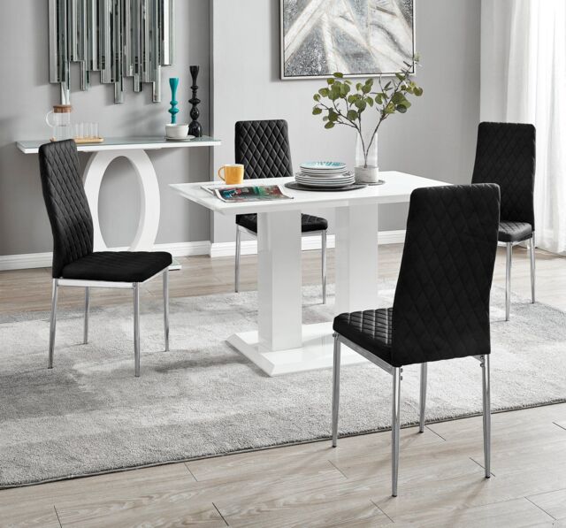 FurnitureboxUK Imperia 4 Seater Modern White High Gloss Rectangular Dining Table & 4 Milan Velvet Chairs in Black - image 1