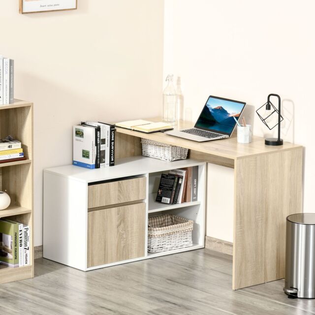 HOMCOM L-Shaped Corner Computer Desk Study Table PC Work with Storage Shelf in White - image 1