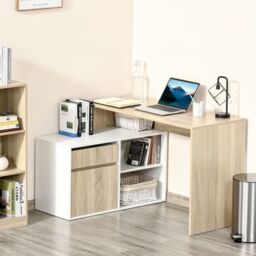 HOMCOM L-Shaped Corner Computer Desk Study Table PC Work with Storage Shelf in White - thumbnail 1