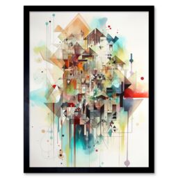 "Artery8 Wall Art Print Abstract Geometric Fractal Shapes Modern Watercolour Painting Art Framed in Black - Size: W12"" x H16""" - thumbnail 1