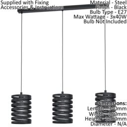 Loops Pendant Ceiling 3 Bulb Light Colour Black Shade Slim Black Spiral Bulb E27 3x40W - thumbnail 2