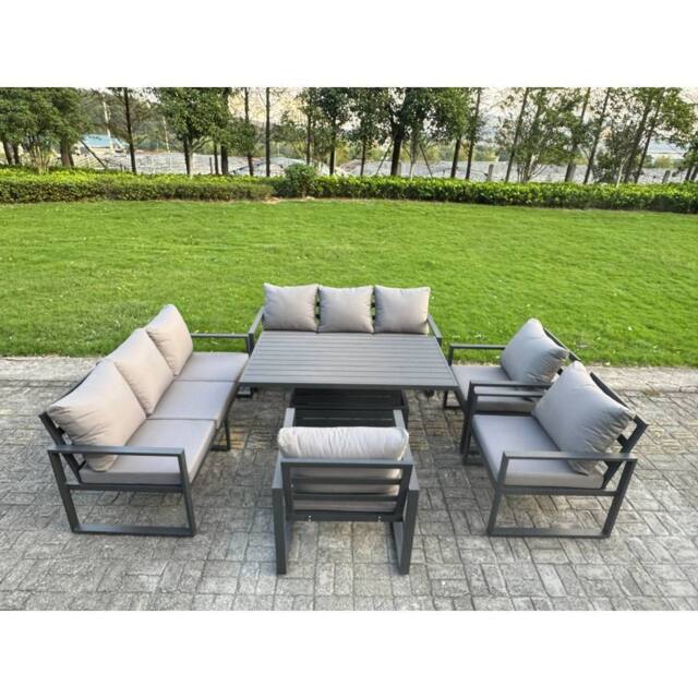 Fimous Aluminum 6-Piece 9-Seater Dining Set with Lifting Table in Dark Grey - image 1