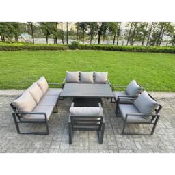Fimous Aluminum 6-Piece 9-Seater Dining Set with Lifting Table in Dark Grey - thumbnail 1