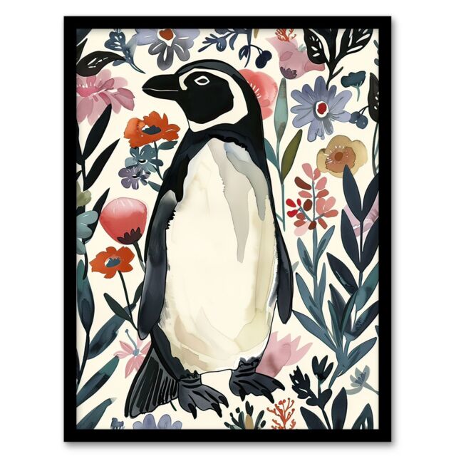 "Artery8 Penguin in Coastal Wildflowers Bright Floral Framed Wall Art in Dark Blue - Size: W12"" x H16""" - image 1
