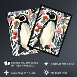 "Artery8 Penguin in Coastal Wildflowers Bright Floral Framed Wall Art in Dark Blue - Size: W12"" x H16""" - thumbnail 2