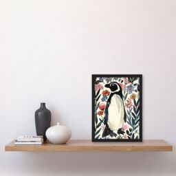 "Artery8 Penguin in Coastal Wildflowers Bright Floral Framed Wall Art in Dark Blue - Size: W12"" x H16""" - thumbnail 4