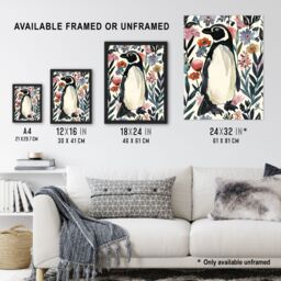 "Artery8 Penguin in Coastal Wildflowers Bright Floral Framed Wall Art in Dark Blue - Size: W12"" x H16""" - thumbnail 3