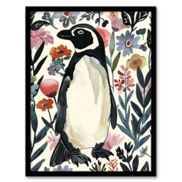 "Artery8 Penguin in Coastal Wildflowers Bright Floral Framed Wall Art in Dark Blue - Size: W12"" x H16""" - thumbnail 1
