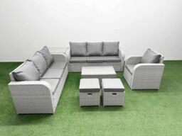 Fimous 9 Seater Poly Rattan Outdoor Garden Furniture Sofa Set Patio 3 Seater Sofa Reclining Chair 3 Seater Sofa Stools Side Table Light Grey - thumbnail 1
