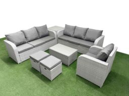 Fimous 9 Seater Poly Rattan Outdoor Garden Furniture Sofa Set Patio 3 Seater Sofa Reclining Chair 3 Seater Sofa Stools Side Table Light Grey - thumbnail 2