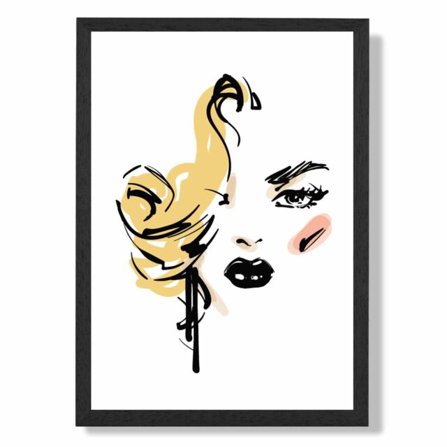 ARTZE Fashion Face Pen & Ink Sketch Framed Print SIZE: A2 with Black Frame in Yellow - Size: A4 - image 1
