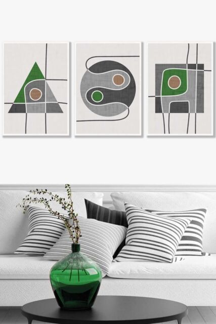 ARTZE Set of 3 White Framed Mid Century Graphical Shapes in Grey & Green Wall Art - Size: W33 cm x H45 cm x D20mm - image 1