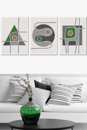 ARTZE Set of 3 White Framed Mid Century Graphical Shapes in Grey & Green Wall Art - Size: W33 cm x H45 cm x D20mm - thumbnail 1
