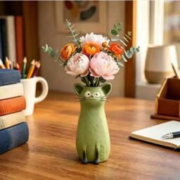 Quipulse Cute Resin Cat Shaped Decorative Vase Ornament in Green