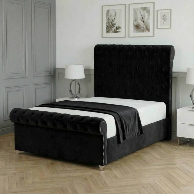Living Comfort Bedz Regency Sleigh Slatted Base Upholstered Bed with 48 Inch Headboard in Black - Size: Super King - image 1