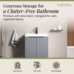 Balterley Fluted Front 2 Soft Close Door Vanity Basin Unit, Satin Grey, 500mm in Grey - thumbnail 4