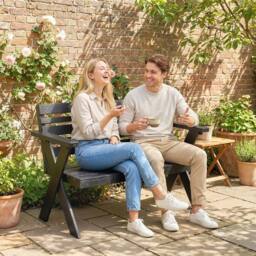 OUTSUNNY 2 Seater Wood Garden Bench, Slatted Patio Bench with Armrest Black - thumbnail 1