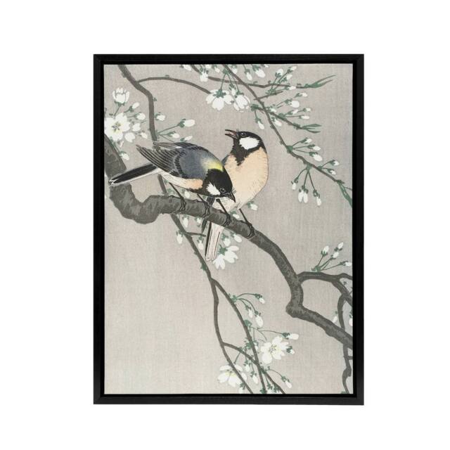 "Artery8 Tits On Blooming Cherry Branch Framed Canvas Wall Art Print Ohara Koson in Grey - Size: W12"" x H16""" - image 1