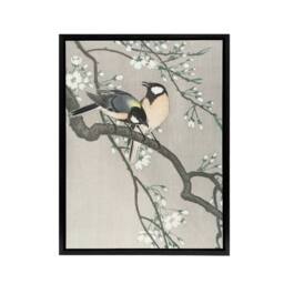 "Artery8 Tits On Blooming Cherry Branch Framed Canvas Wall Art Print Ohara Koson in Grey - Size: W12"" x H16""" - thumbnail 1