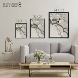 "Artery8 Tits On Blooming Cherry Branch Framed Canvas Wall Art Print Ohara Koson in Grey - Size: W12"" x H16""" - thumbnail 4