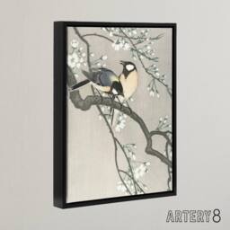 "Artery8 Tits On Blooming Cherry Branch Framed Canvas Wall Art Print Ohara Koson in Grey - Size: W12"" x H16""" - thumbnail 2