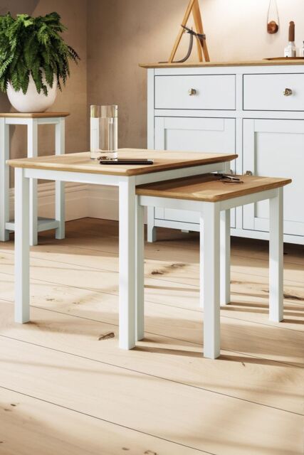 FWStyle Oak Nest Of 2 Tables Cream Linen Ready Assembled - image 1