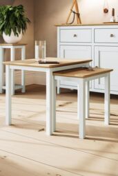 FWStyle Oak Nest Of 2 Tables Cream Linen Ready Assembled - thumbnail 1
