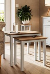 FWStyle Oak Nest Of 2 Tables Cream Linen Ready Assembled - thumbnail 2