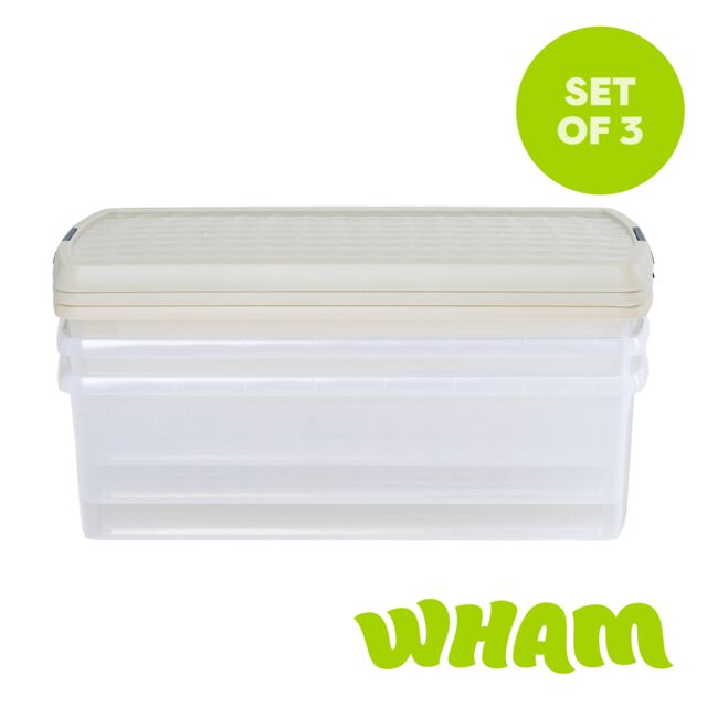 Wham Clip 3x 30L Rectangular Plastic Storage Boxes with Clip Lock Lids in Stone - image 1