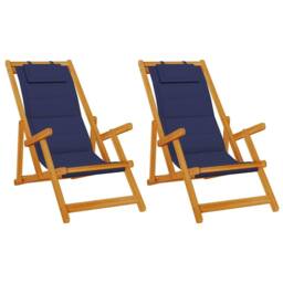 Berkfield Home Folding Beach Chairs - Set of 2, Blue, Solid Acacia Wood & Textilene in Blue - thumbnail 1
